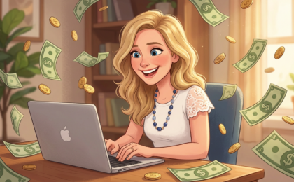 Women sitting at desk, laptop, money flying