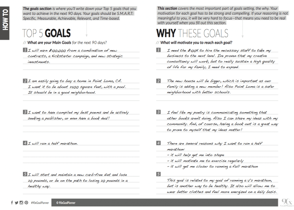 90X goal planner top 5 goals sample